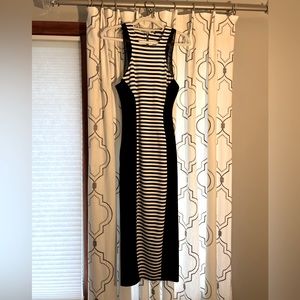 Olivaceous Fitted Silhouette Dress mesh detail and black and white stripes